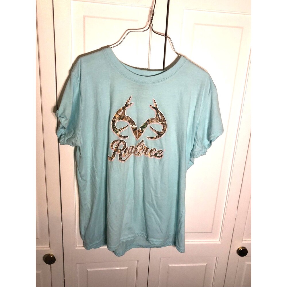 Realtree Camo Antler Logo T-Shirt Women's Size L Willow Trails Blue Cotton Poly